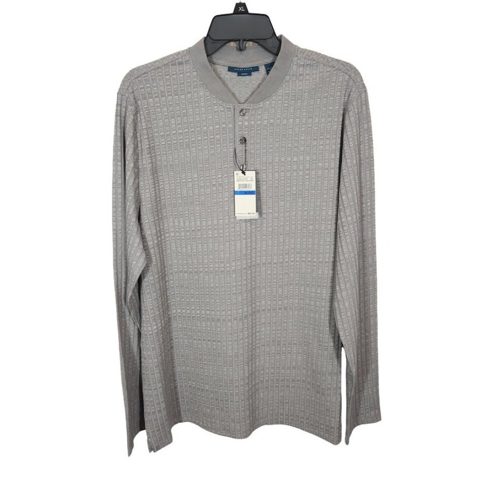 NWT Perry Ellis Slim Fit RIbbed Quarter Button Down Sweater in Smoked Heather Si